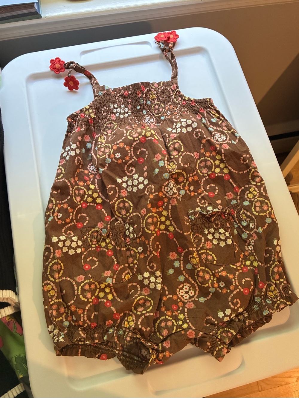 Gymboree Brown Floral Girls One piece with Pink Flower Accents